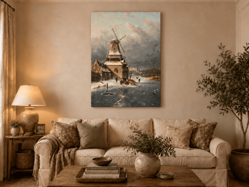 Landscape Oil Painting - Winter Windmill Village Hand-Painted