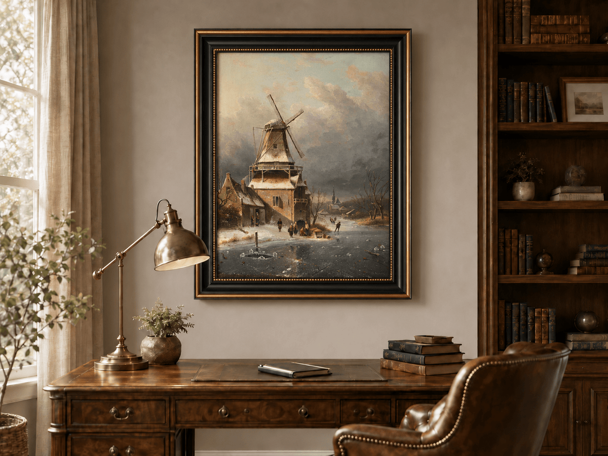 Landscape Oil Painting - Winter Windmill Village Hand-Painted