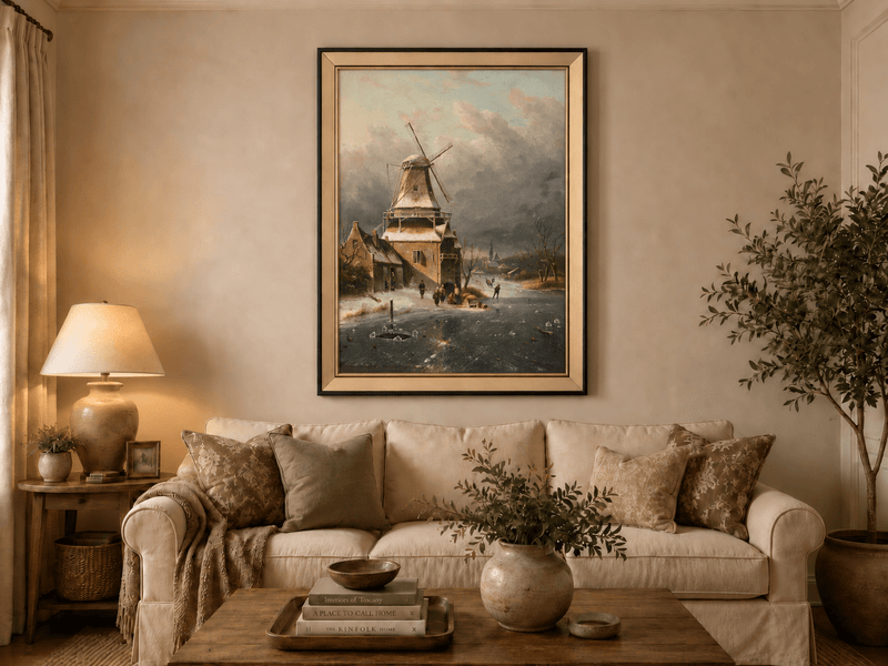 Landscape Oil Painting - Winter Windmill Village Hand-Painted