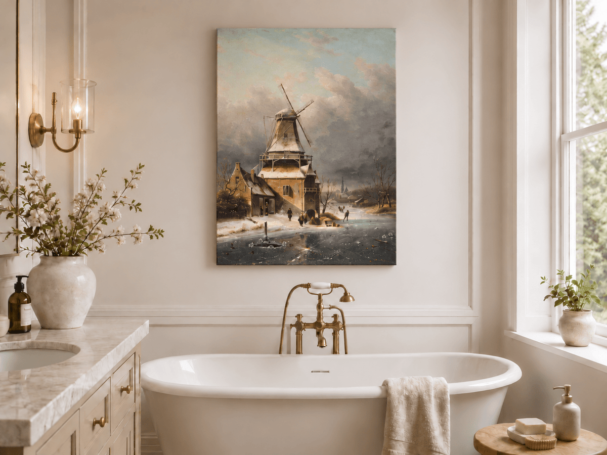 Landscape Oil Painting - Winter Windmill Village Hand-Painted