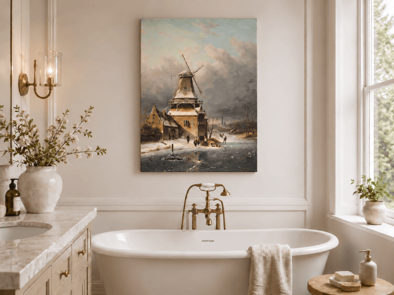 Landscape Oil Painting - Winter Windmill Village Hand-Painted