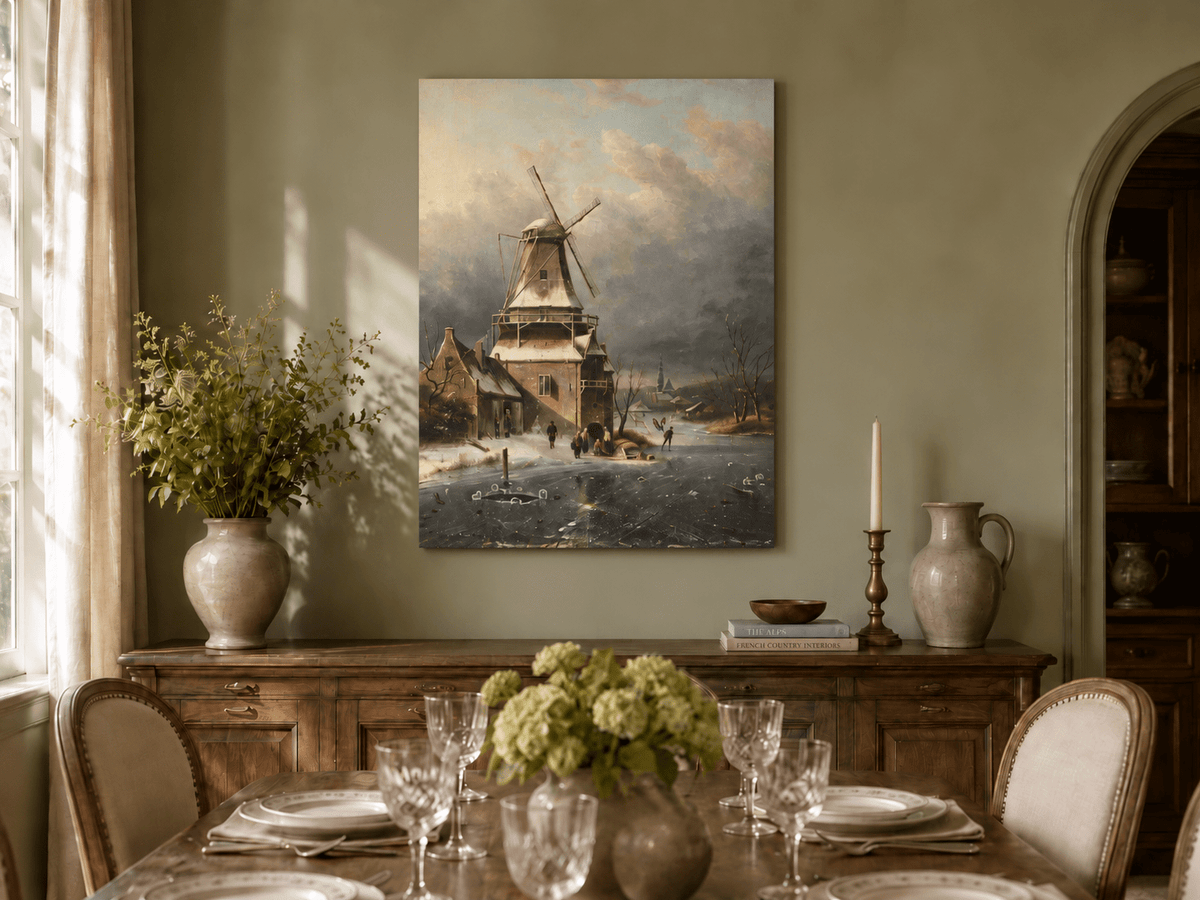 Landscape Oil Painting - Winter Windmill Village Hand-Painted