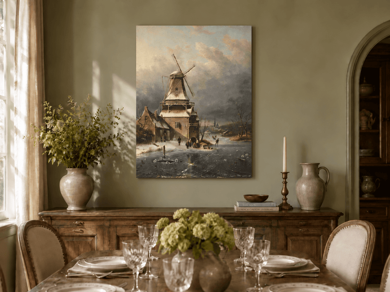 Landscape Oil Painting - Winter Windmill Village Hand-Painted