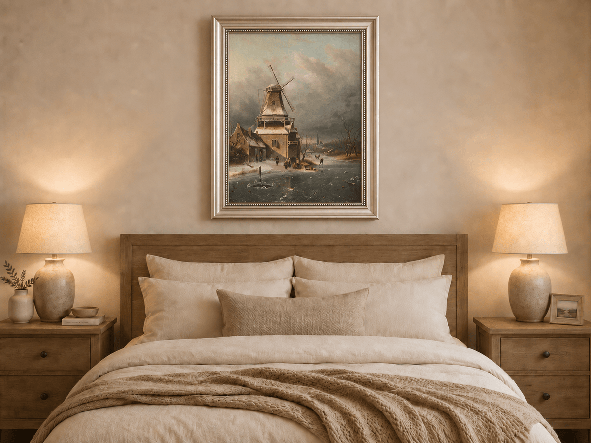 Landscape Oil Painting - Winter Windmill Village Hand-Painted