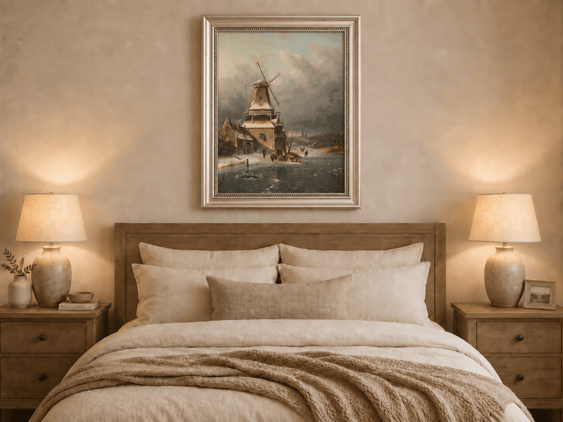 Landscape Oil Painting - Winter Windmill Village Hand-Painted