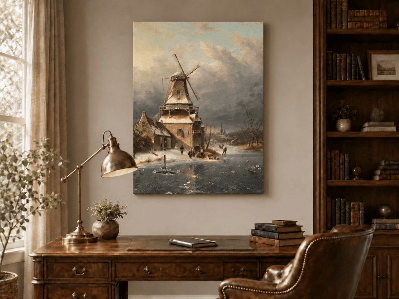 Landscape Oil Painting - Winter Windmill Village Hand-Painted
