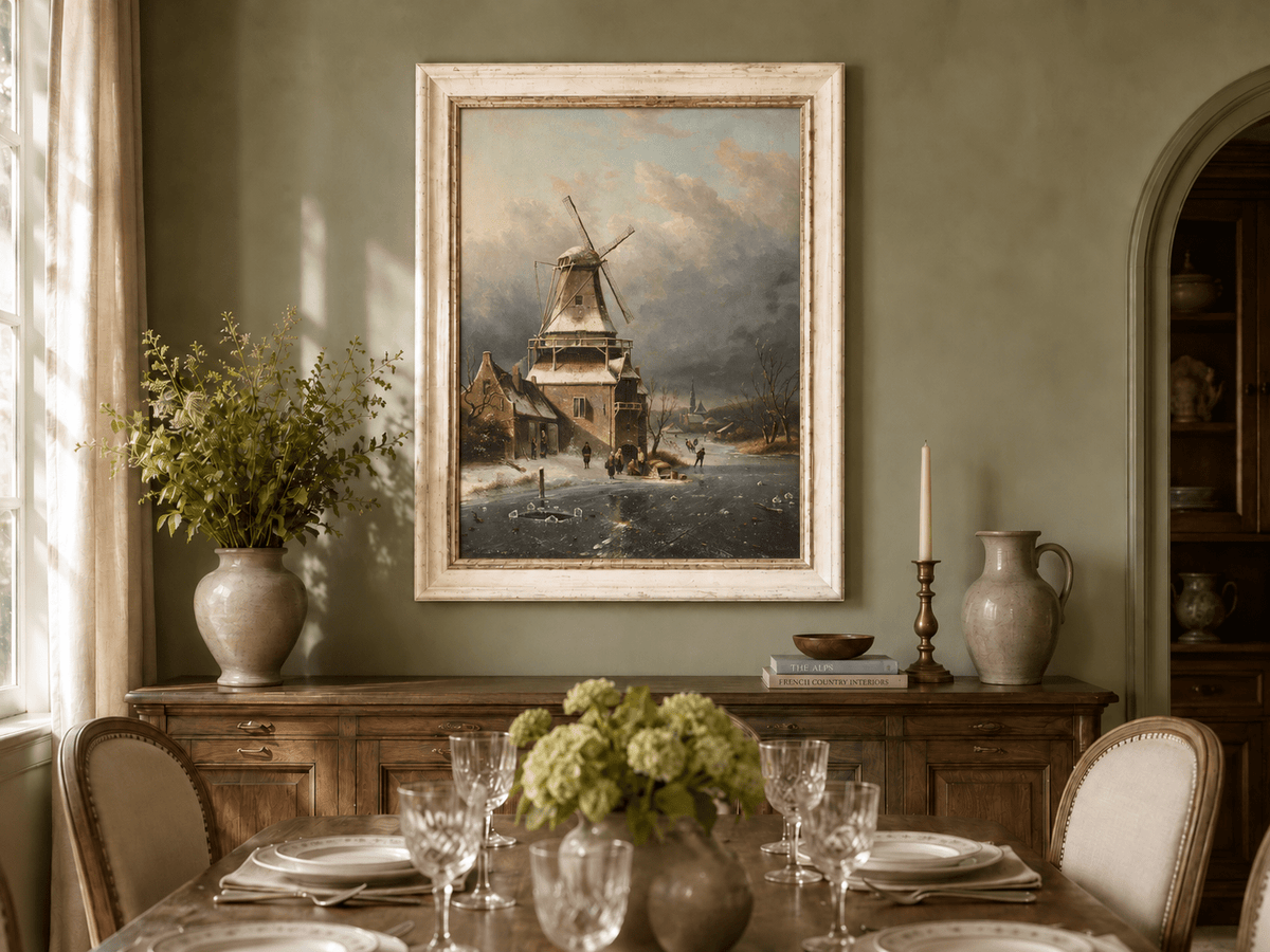 Landscape Oil Painting - Winter Windmill Village Hand-Painted