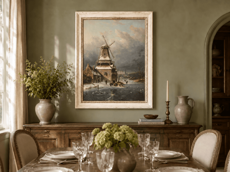Landscape Oil Painting - Winter Windmill Village Hand-Painted