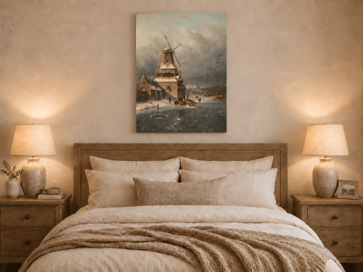 Landscape Oil Painting - Winter Windmill Village Hand-Painted