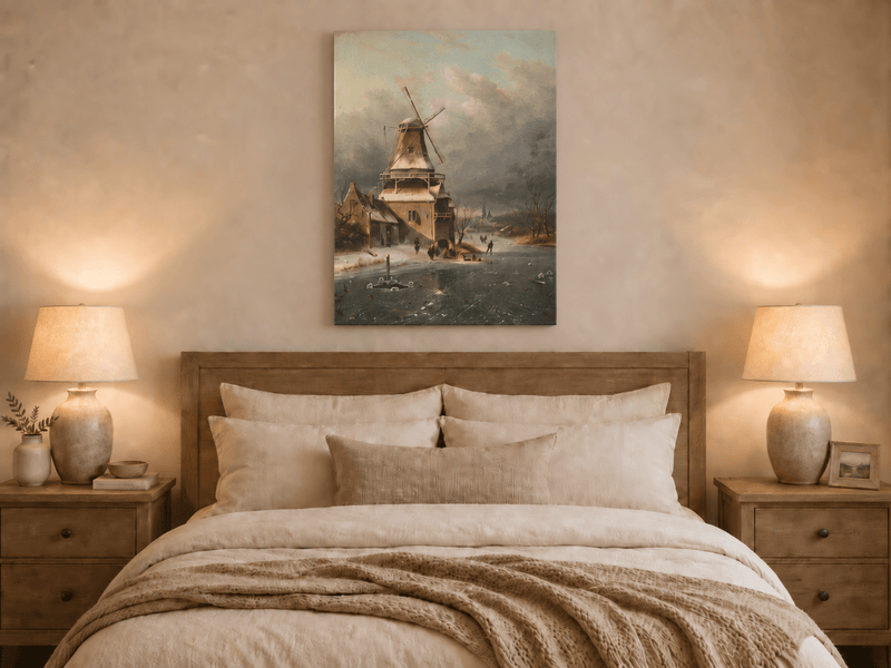 Landscape Oil Painting - Winter Windmill Village Hand-Painted