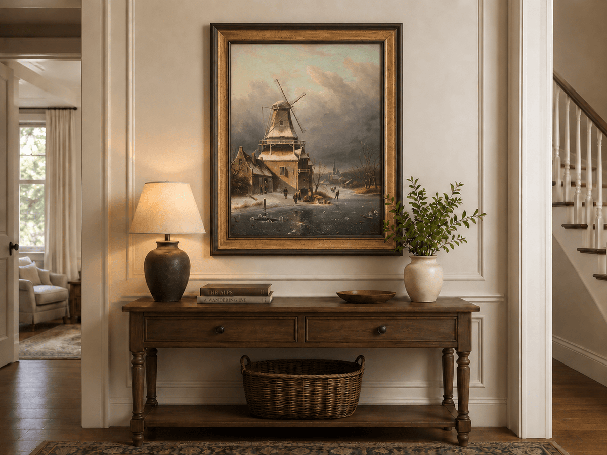 Landscape Oil Painting - Winter Windmill Village Hand-Painted