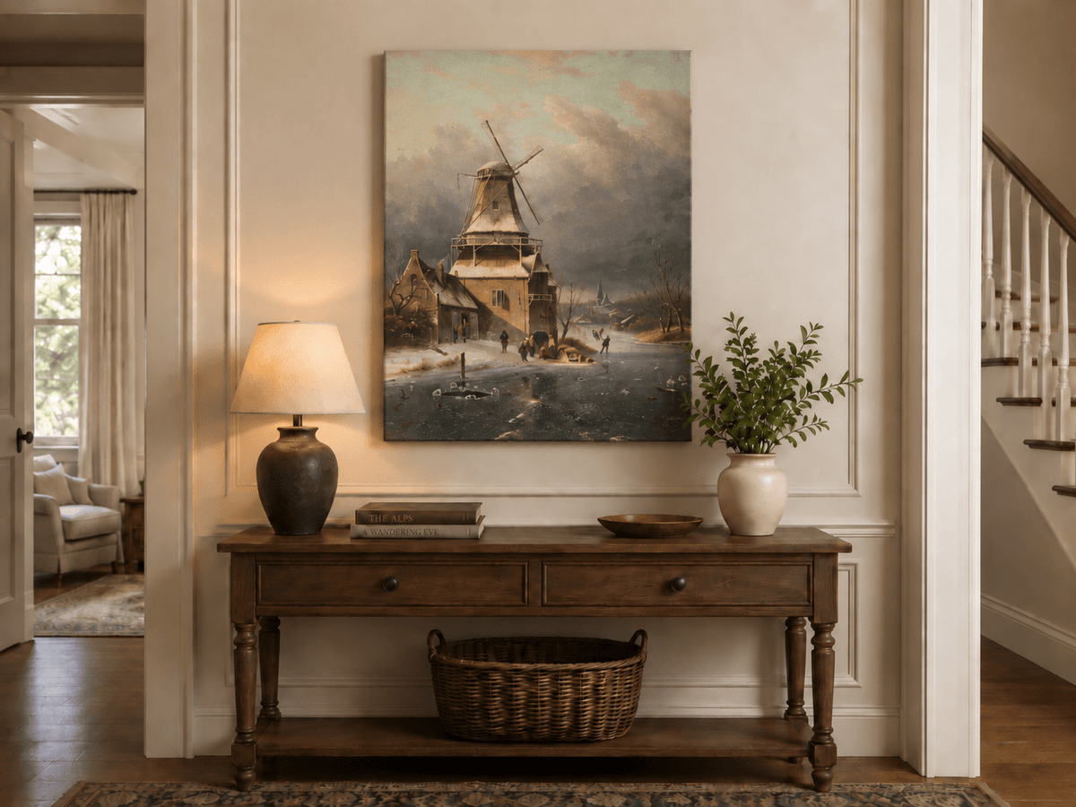 Landscape Oil Painting - Winter Windmill Village Hand-Painted