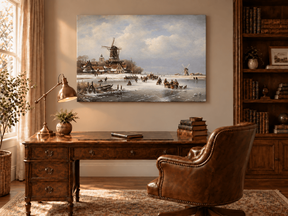 Landschaftsölgemälde – Wintermühlen an gefrorenem Kanal