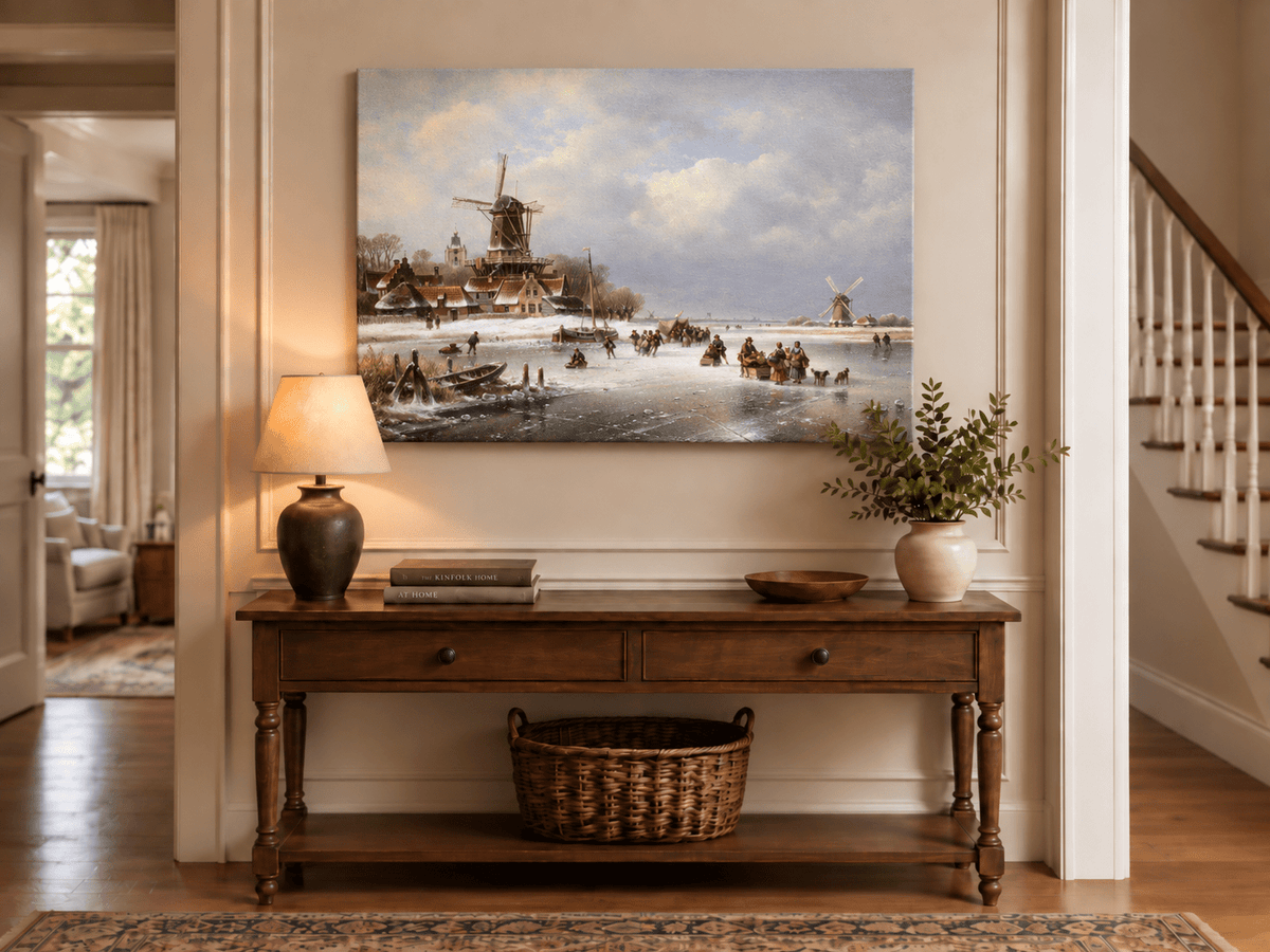 Landschaftsölgemälde – Wintermühlen an gefrorenem Kanal