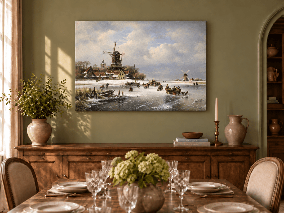 Landschaftsölgemälde – Wintermühlen an gefrorenem Kanal