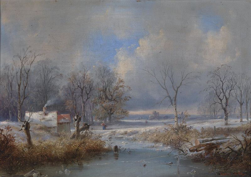 Landscape Oil Painting - Winter,Icy Stream, Smoking Cottage & Castle - Oil Painting Haven