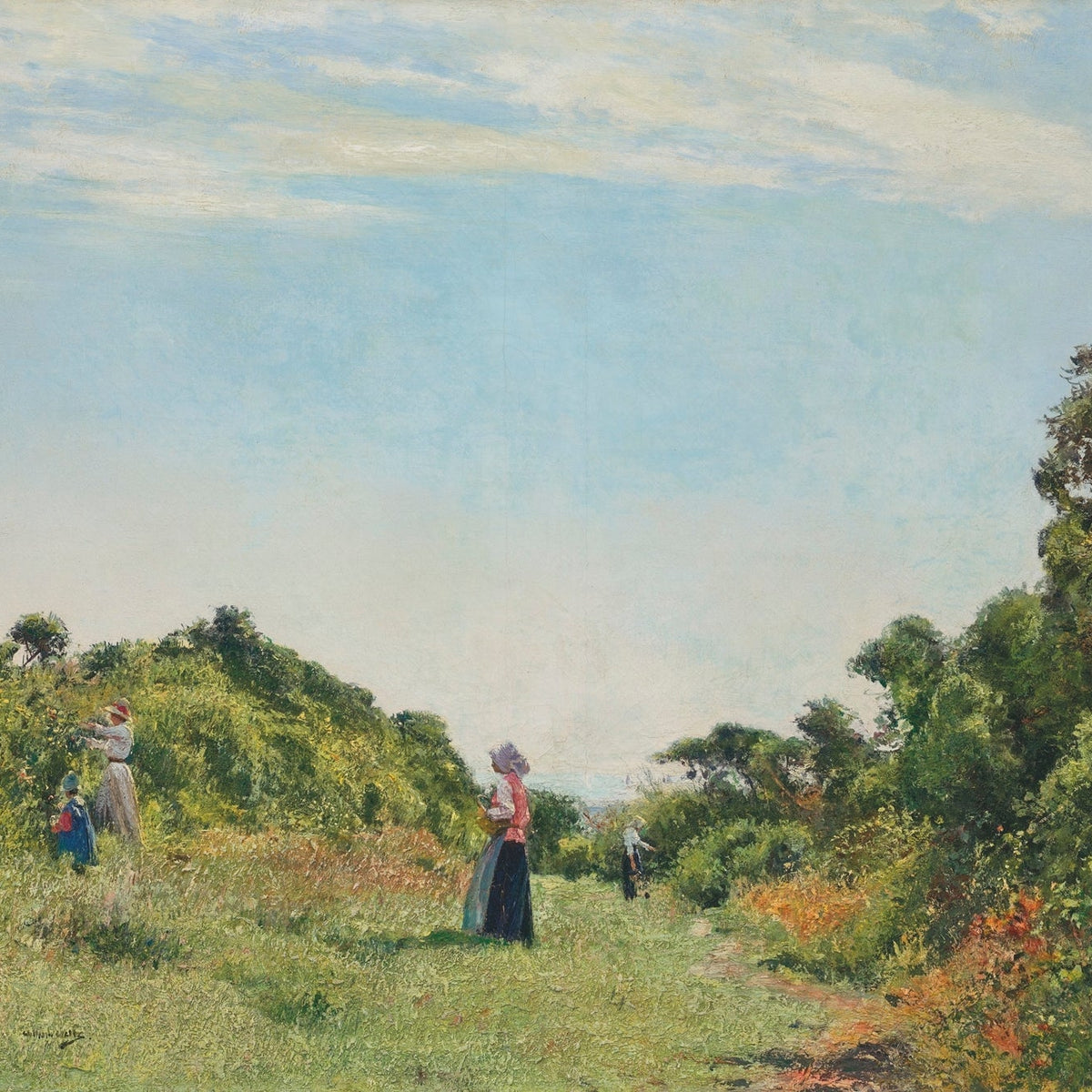 Hand-painted women gathering flowers in a summer lane landscape oil painting on canvas