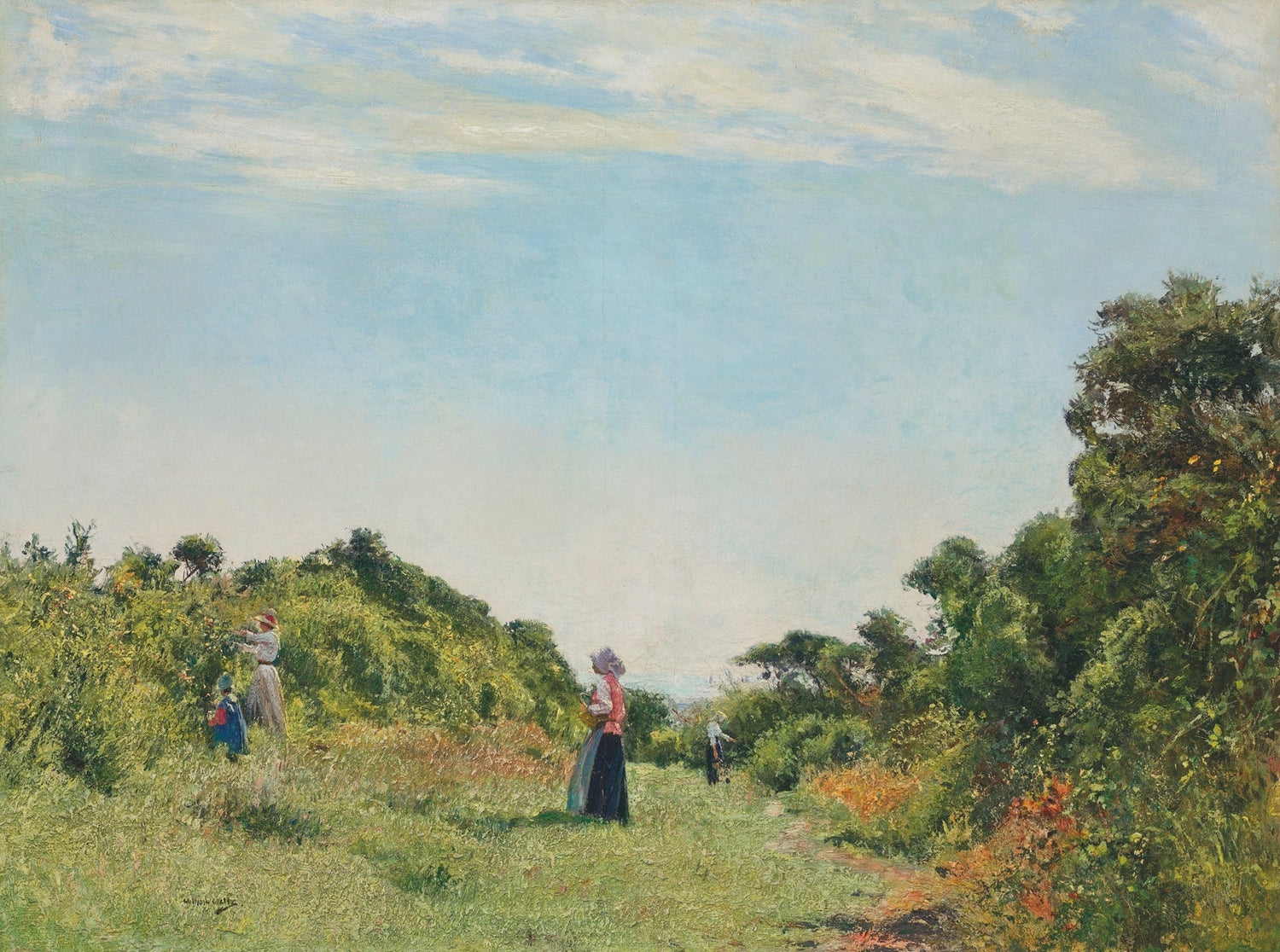 Hand-painted women gathering flowers in a summer lane landscape oil painting on canvas