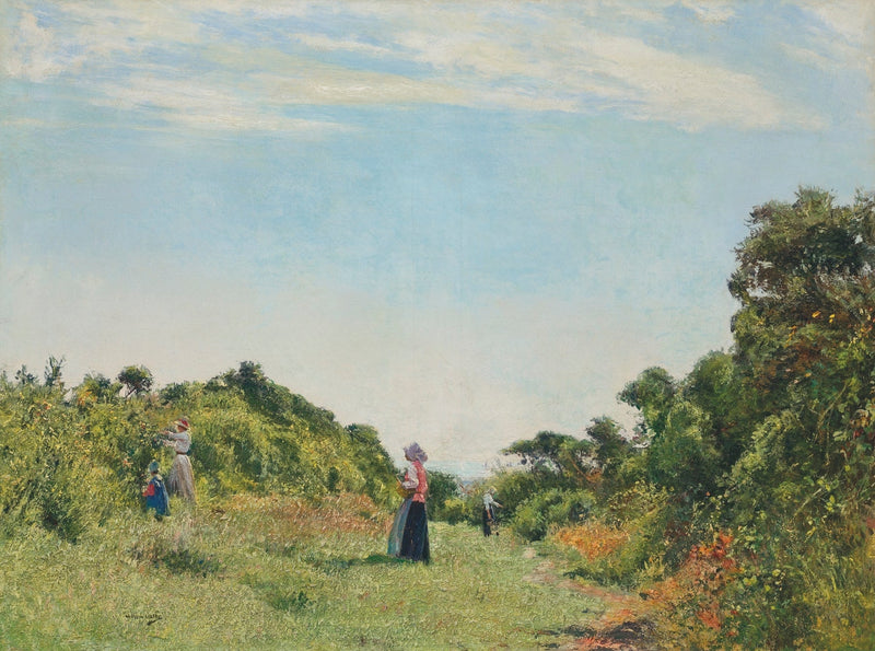 Hand-painted women gathering flowers in a summer lane landscape oil painting on canvas