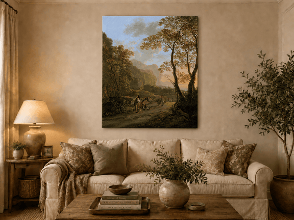 Wooded coastal road with cart hand-painted oil artwork displayed in a second interior view.