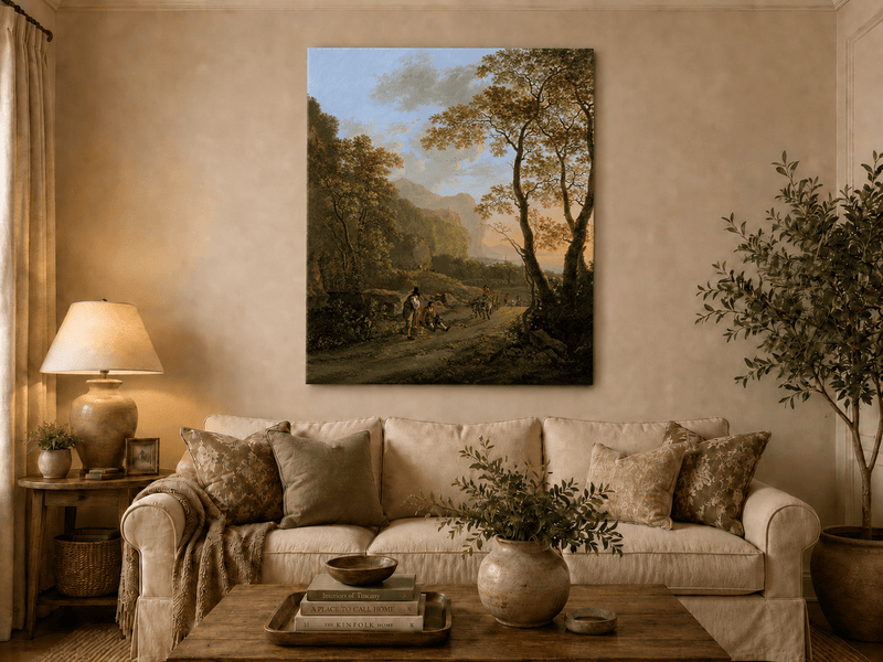 Wooded coastal road with cart hand-painted oil artwork displayed in a second interior view.