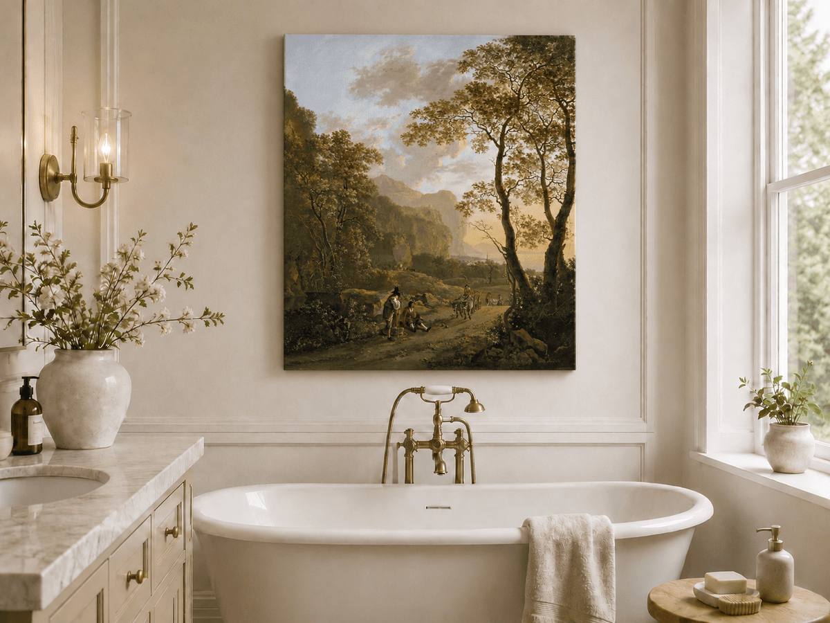 Wooded coastal road with cart and figures landscape oil painting presented as styled home decor.