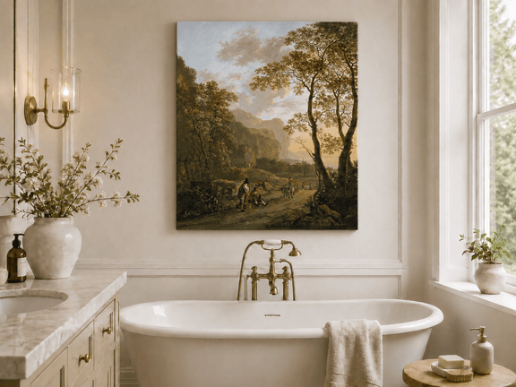 Wooded coastal road with cart and figures landscape oil painting presented as styled home decor.