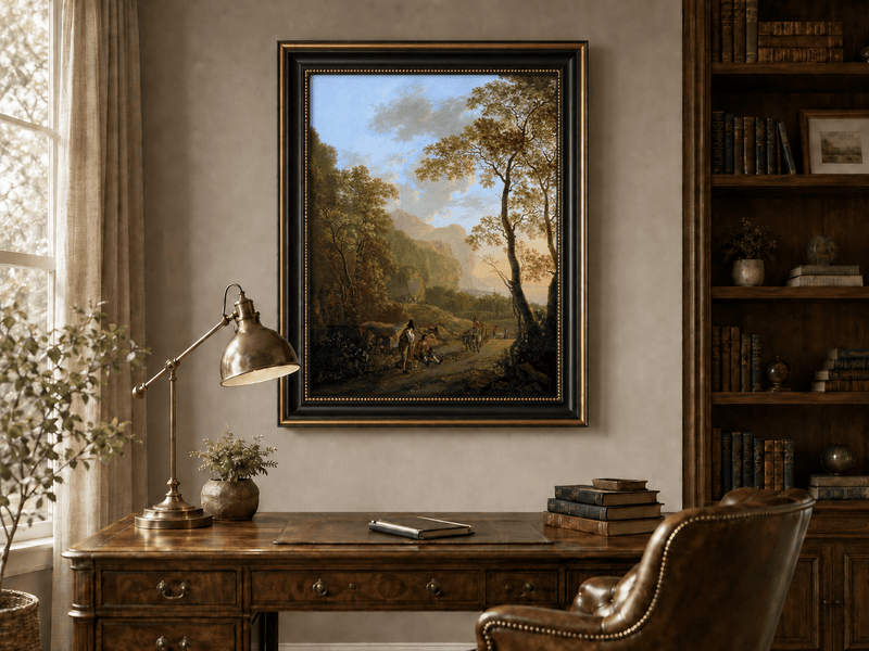 Wooded coastal road landscape oil painting with cart and figures presented in an interior wall art mockup.