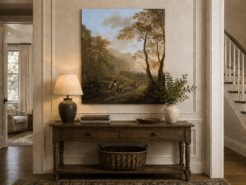 Wooded coastal road landscape painting shown as decorative oil wall art.