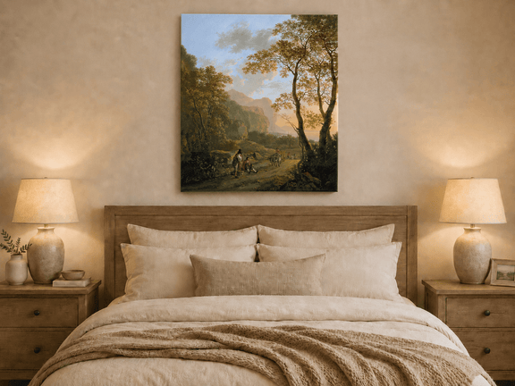Wooded coastal road oil painting displayed as landscape wall decor.