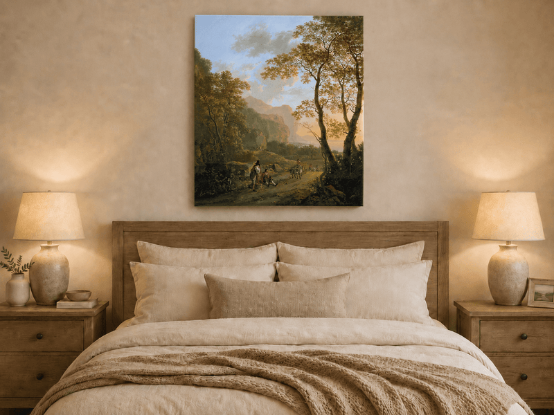 Wooded coastal road oil painting displayed as landscape wall decor.