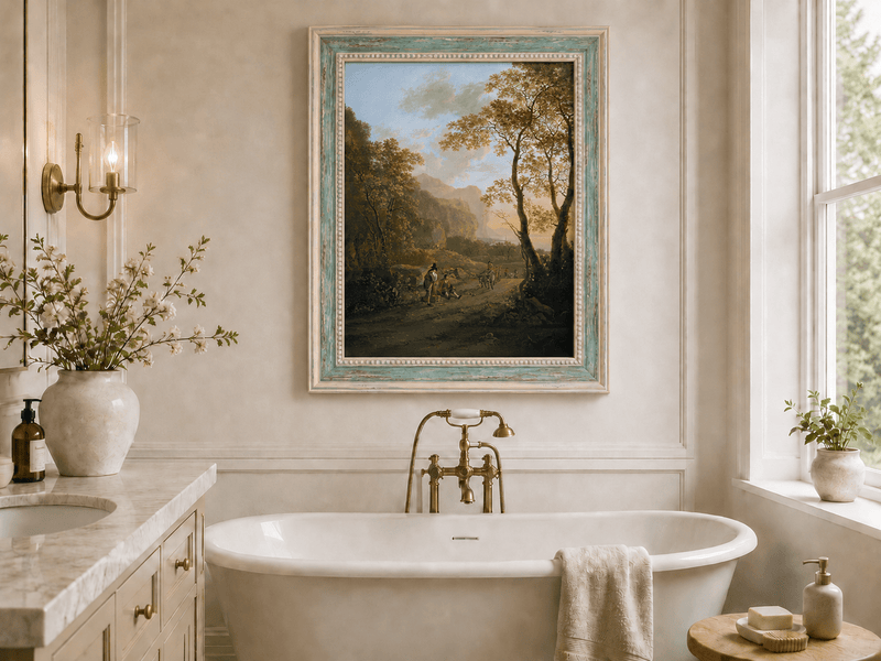 Wooded coastal road with figures landscape oil painting presented as interior home decor.