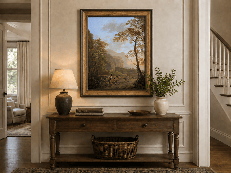 Wooded coastal road with cart and figures hand-painted oil artwork shown as home wall decor.