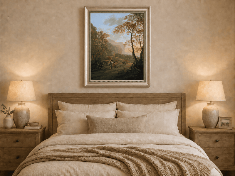 Hand-painted wooded coastal road with cart and figures displayed as decorative wall art.