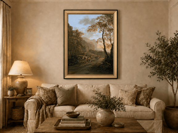 Wooded coastal road with cart and figures landscape oil painting displayed in a styled home interior.