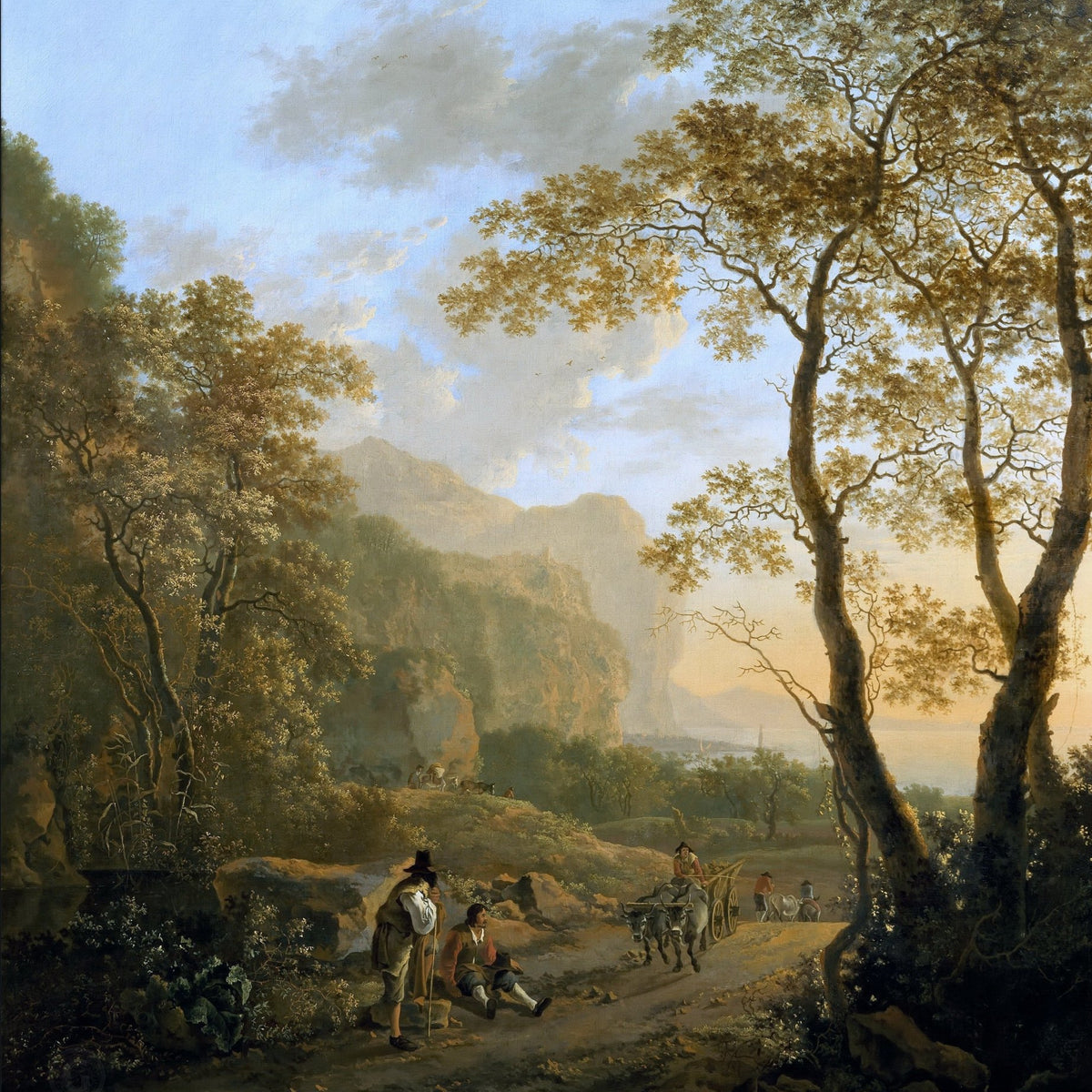 Hand-painted wooded coastal road with cart and figures landscape oil painting on canvas