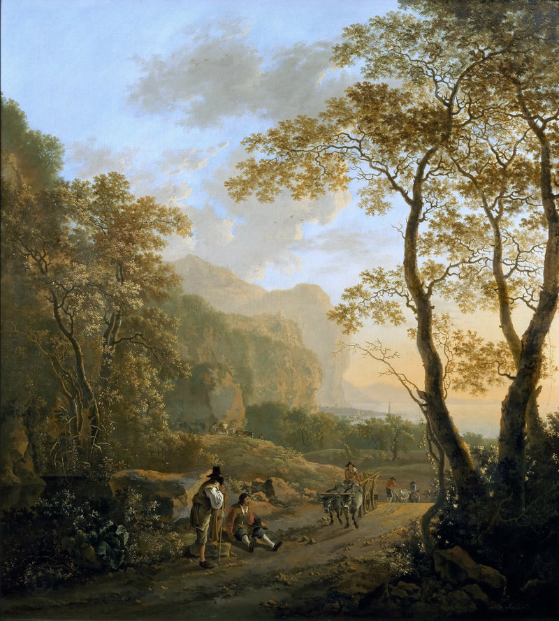 Hand-painted wooded coastal road with cart and figures landscape oil painting on canvas