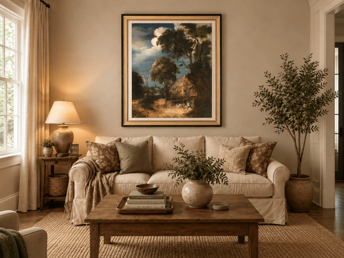 Landscape Oil Painting - Canal Cottage with Tall Riverside Trees