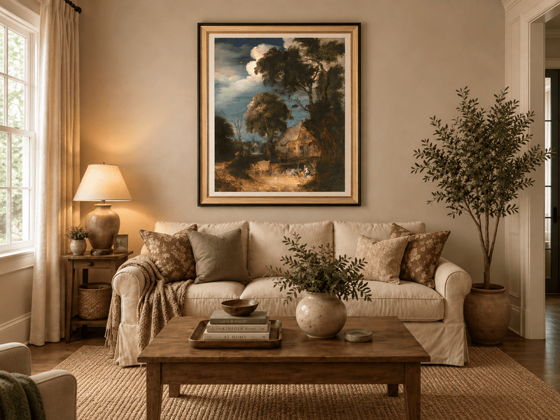 Landscape Oil Painting - Canal Cottage with Tall Riverside Trees