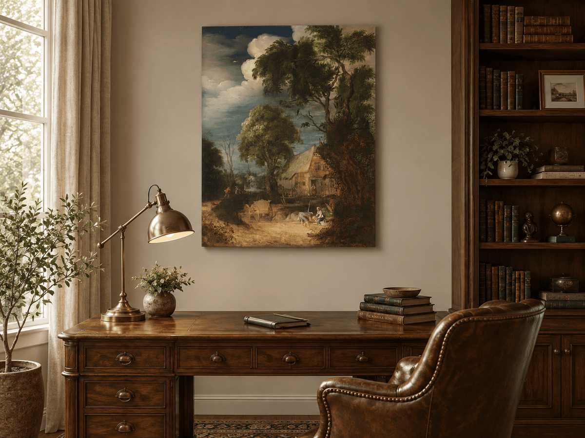 Landscape Oil Painting - Canal Cottage with Tall Riverside Trees
