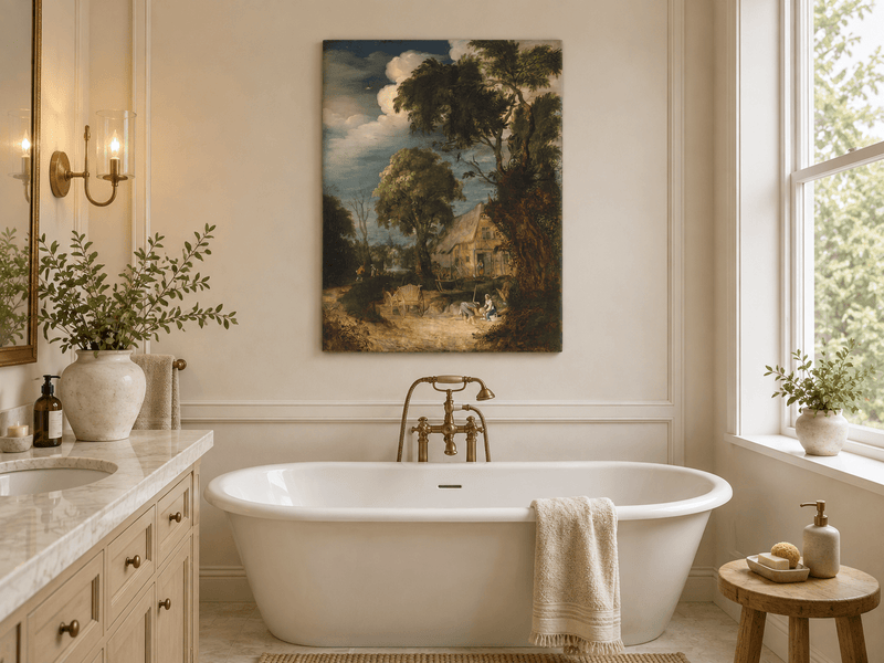 Landscape Oil Painting - Canal Cottage with Tall Riverside Trees