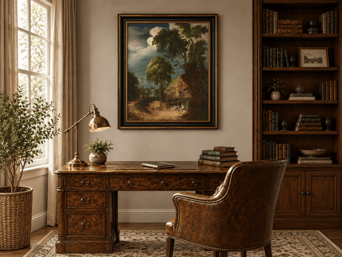 Landscape Oil Painting - Canal Cottage with Tall Riverside Trees