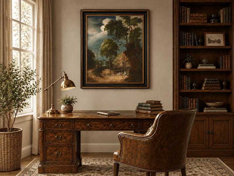 Landscape Oil Painting - Canal Cottage with Tall Riverside Trees