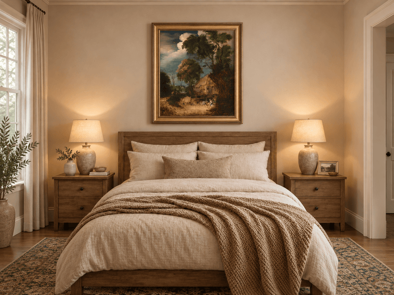 Landscape Oil Painting - Canal Cottage with Tall Riverside Trees