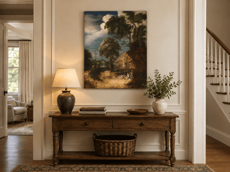 Landscape Oil Painting - Canal Cottage with Tall Riverside Trees