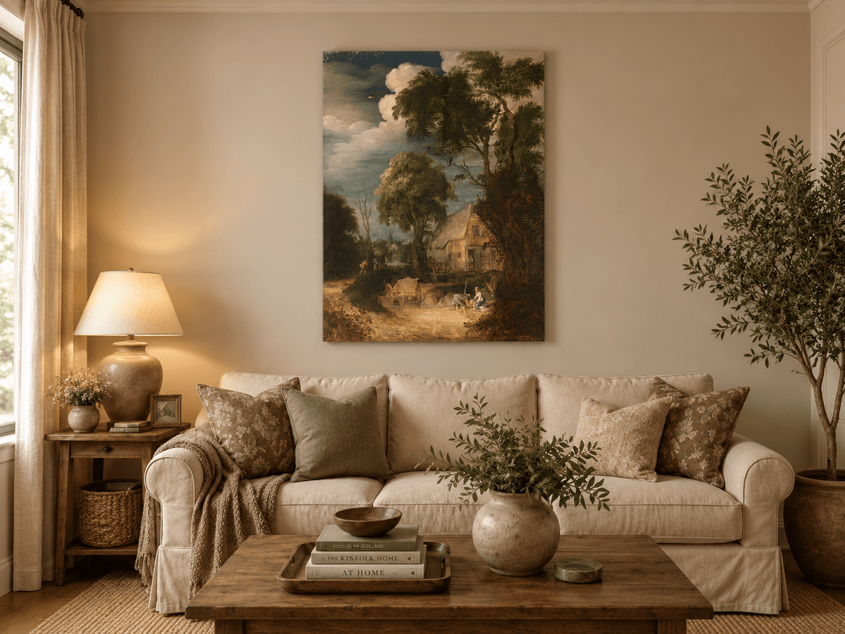 Landscape Oil Painting - Canal Cottage with Tall Riverside Trees