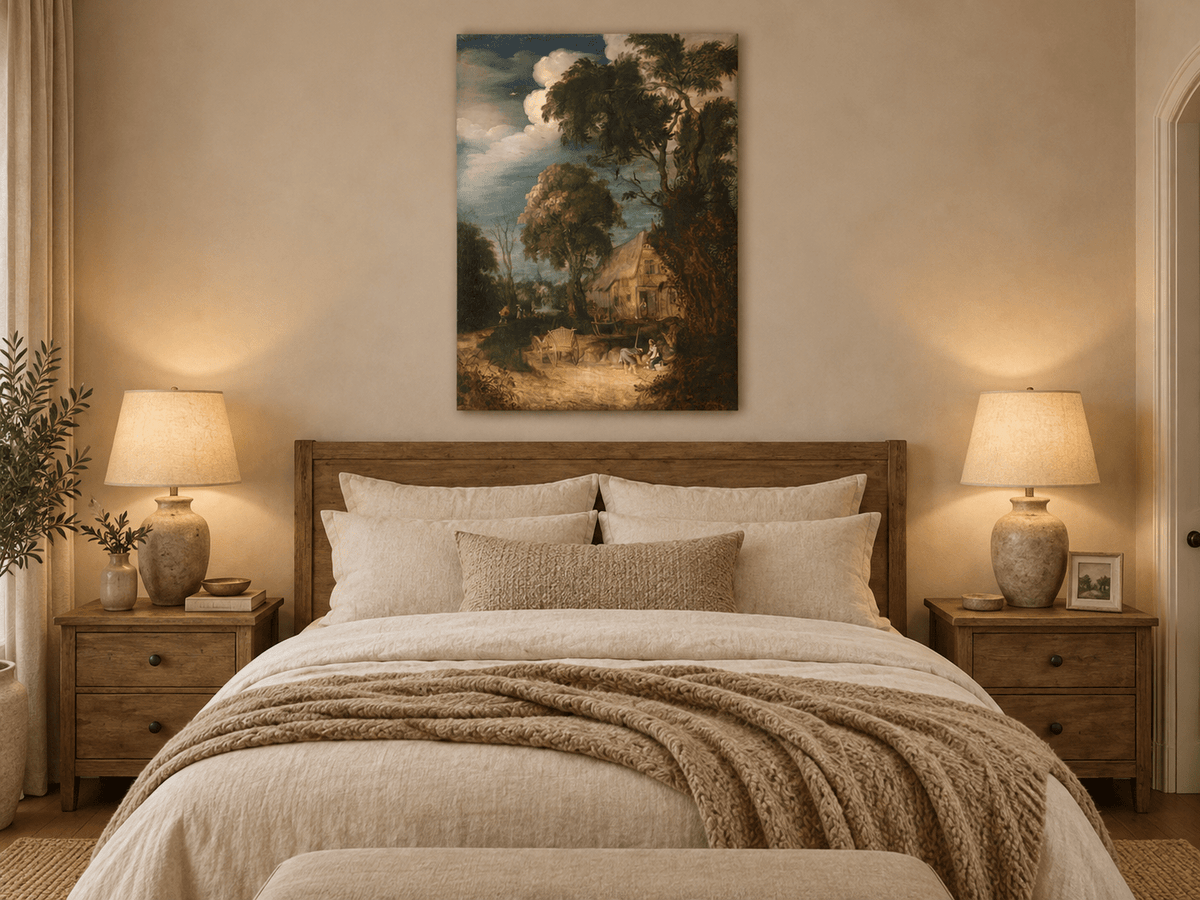 Landscape Oil Painting - Canal Cottage with Tall Riverside Trees