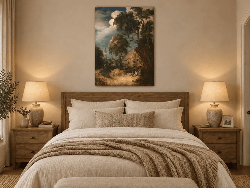 Landscape Oil Painting - Canal Cottage with Tall Riverside Trees