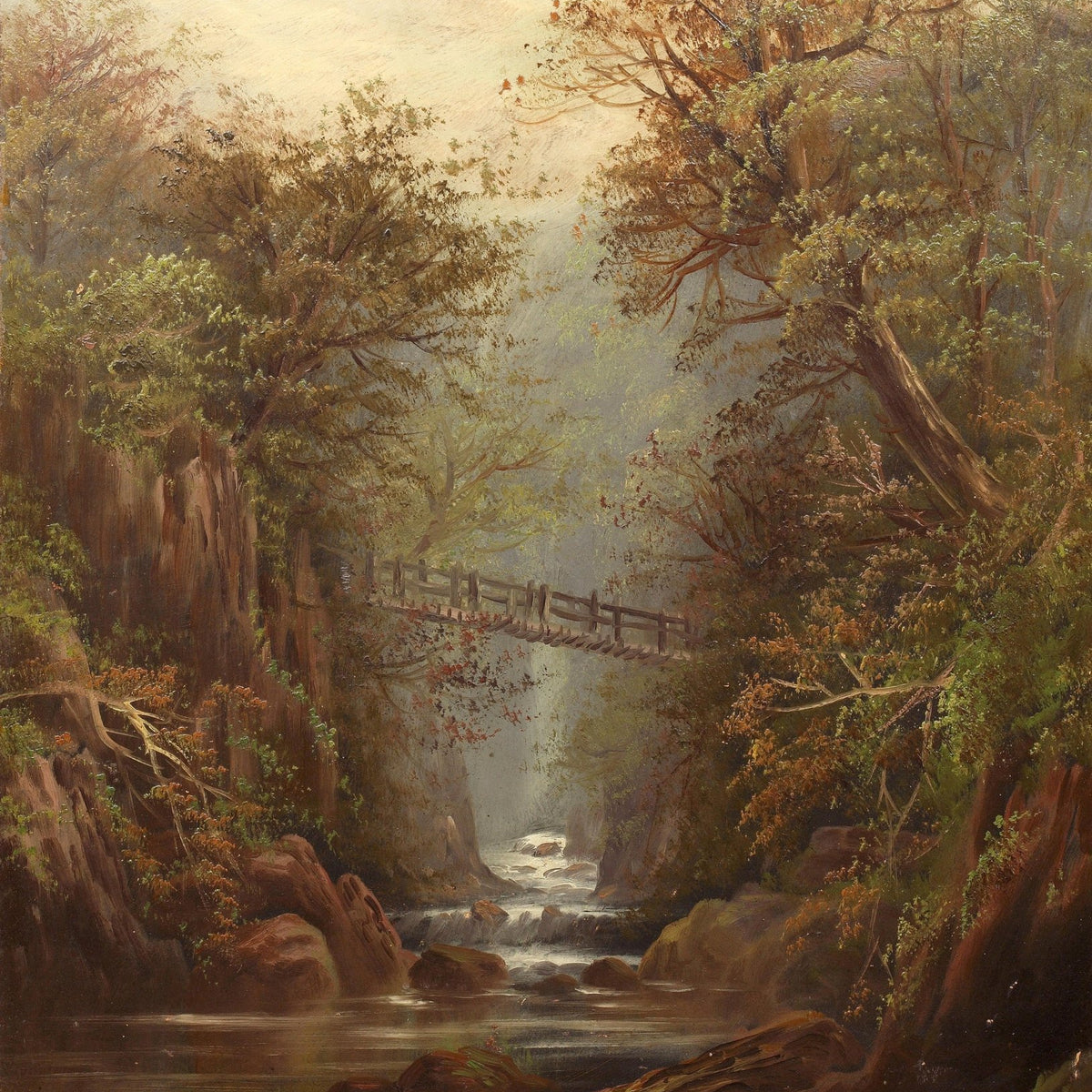 Landscape Oil Painting - Wooded gorge & stream, rustic footbridge - Oil Painting Haven