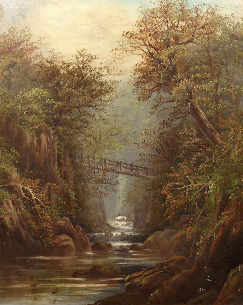 Landscape Oil Painting - Wooded gorge & stream, rustic footbridge - Oil Painting Haven